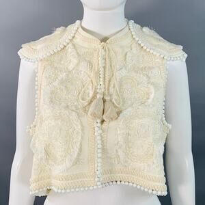FIGUE Size S Cream Cotton Embellished Beaded Fringe Cap Sleeve Vest